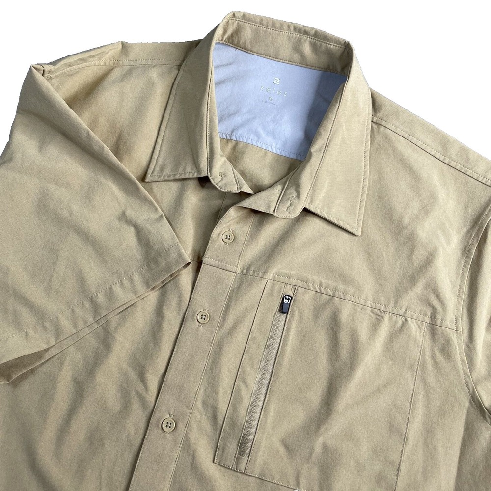 Zelos Men's Camp‎ Shirt Size XL Tan Button Up Short Sleeve Stretch Performance